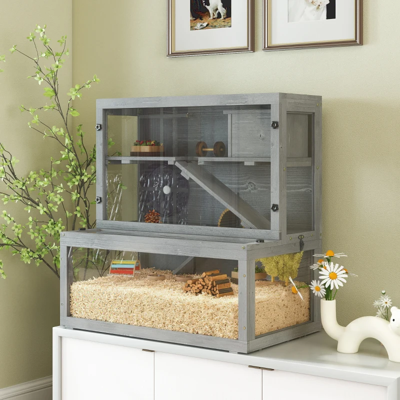 PawHut Cage Hamster en Bois, 3 Niveaux avec Cabane, Roue, Rampes, Panneau Transparent, Espaces Séparés, 80x50x84cm, Gris
