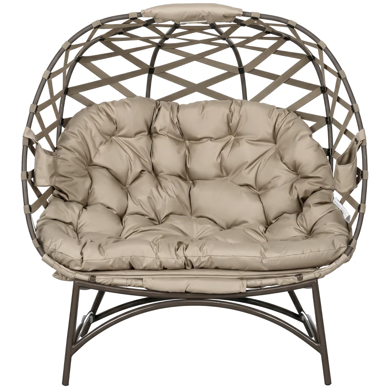 Outsunny 2 Seater Egg Chair Outdoor, Folding Weave Garden Furniture Chair with Cushion, Cup Pockets - Khaki