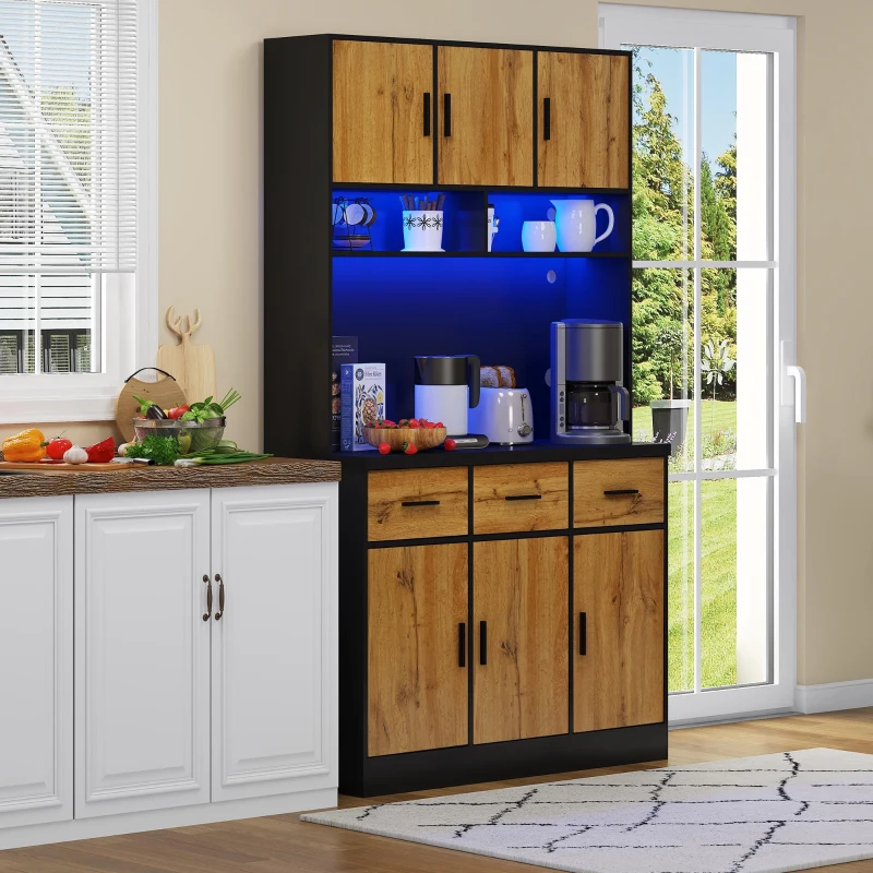 Buffet de cozinha multifuncional, 3 gavetas silenciosas e 6 portas de armário, 100x40x180 cm, Cor natural
