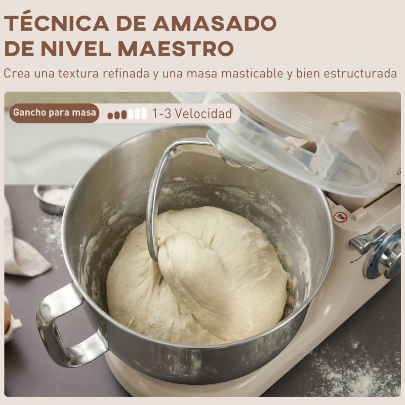 HOMCOM Batidora Amasadora 4,5L 1300W 6 Velocidades Bol de Acero Inoxidable Batidor Gancho Varilla Beige