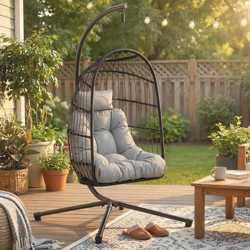 Outsunny Fauteuil Œuf Suspendu Pliable avec Support Coussin 15cm et Appui-tête Gain de Place Résine Tressée 101x105x196cm Gris