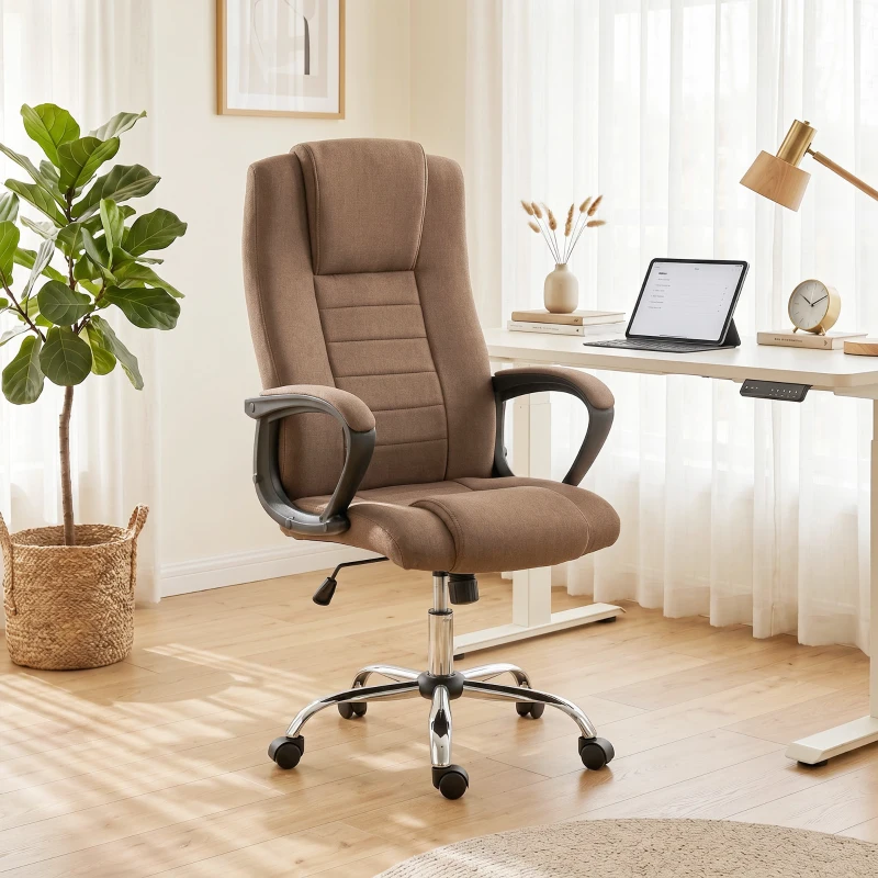Vinsetto Chaise de Bureau Ergonomique Inclinable Pivotante en Tissu Effet Lin avec Appui-tête, Marron