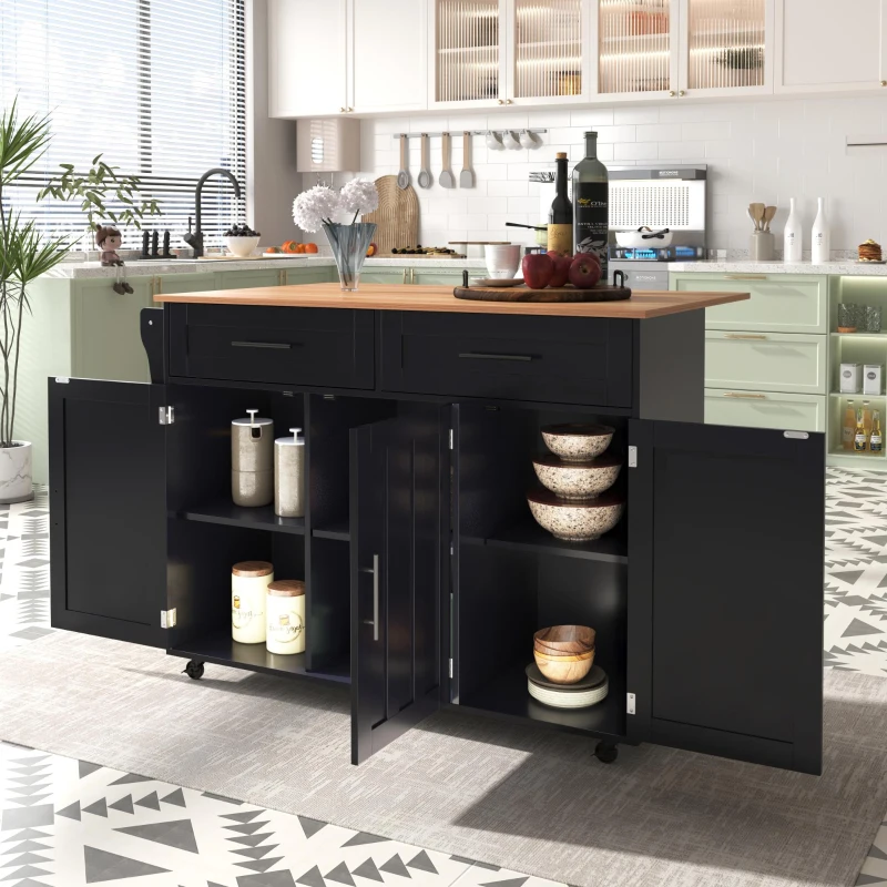 Ilha de cozinha com 5 rodízios, tampo dobrável extensível, 129x46/71x91,5 cm, Preto+Cor natural