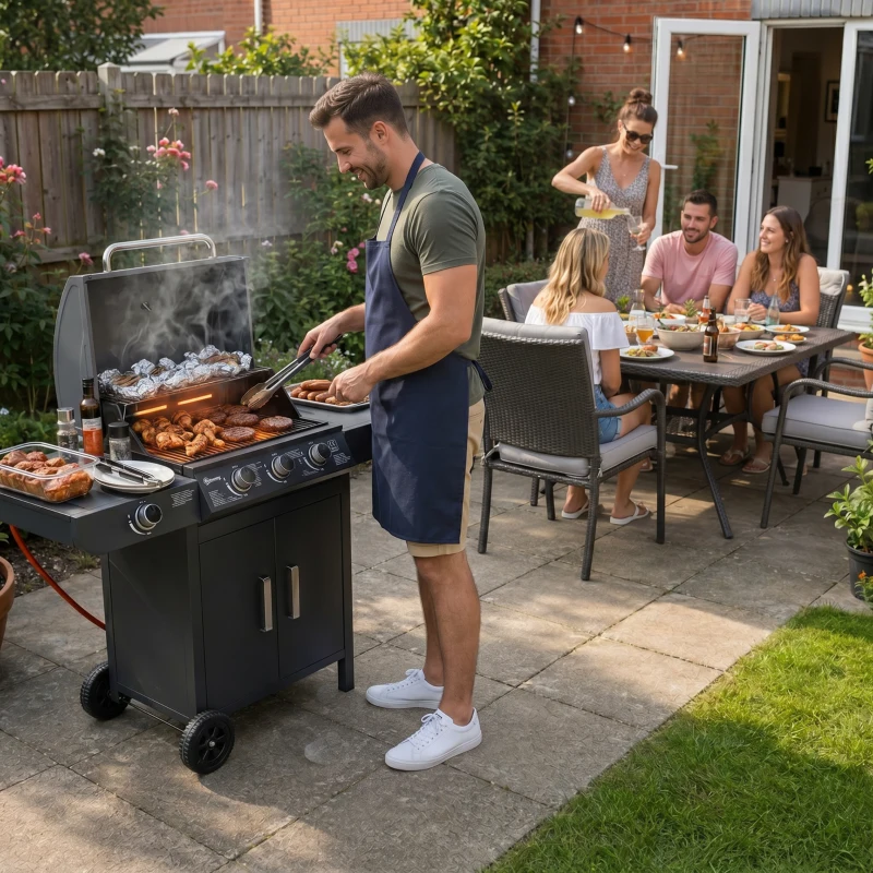 Outsunny 3+1 Burner Gas BBQ Grill, Outdoor Barbecue Trolley with Wheels, Warming Rack, Side Shelves, Cabinet, Thermometer for Garden, Party, Camping, 110L x 50W x 100Hcm, Grey