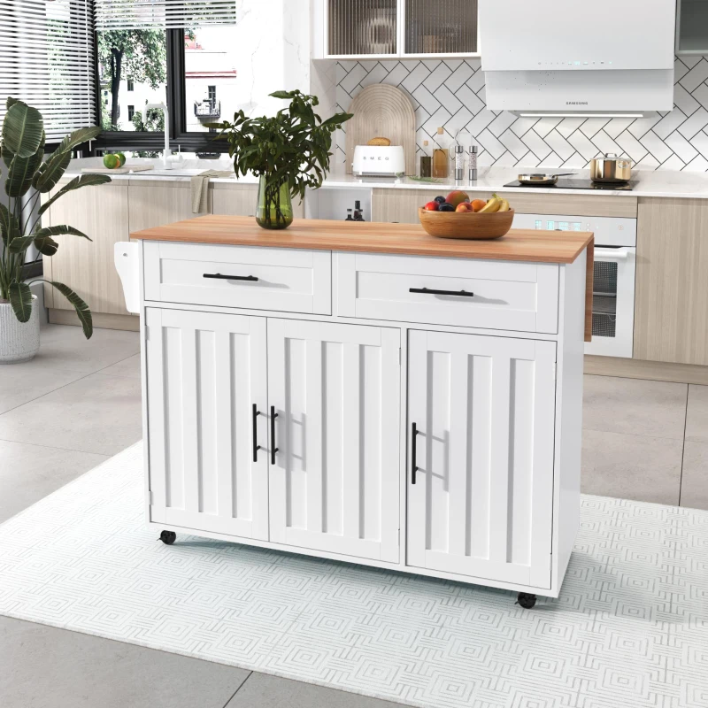 Ilha de cozinha com 5 rodízios, tampo dobrável extensível, 129x46/71x91,5 cm, Branco+Cor natural