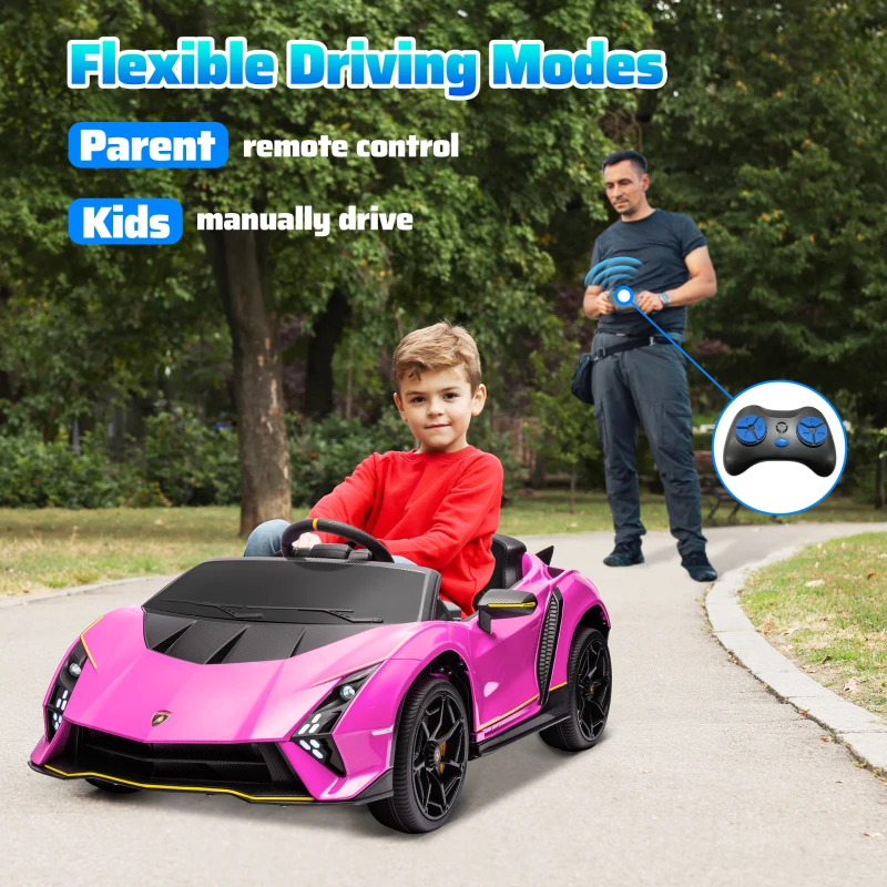 AIYAPLAY Macchina Elettrica Bambini 3-6 Anni 12V, Lamborghini Autentica con 2 Motori, Porta a Forbice e Sospensioni, Rosa