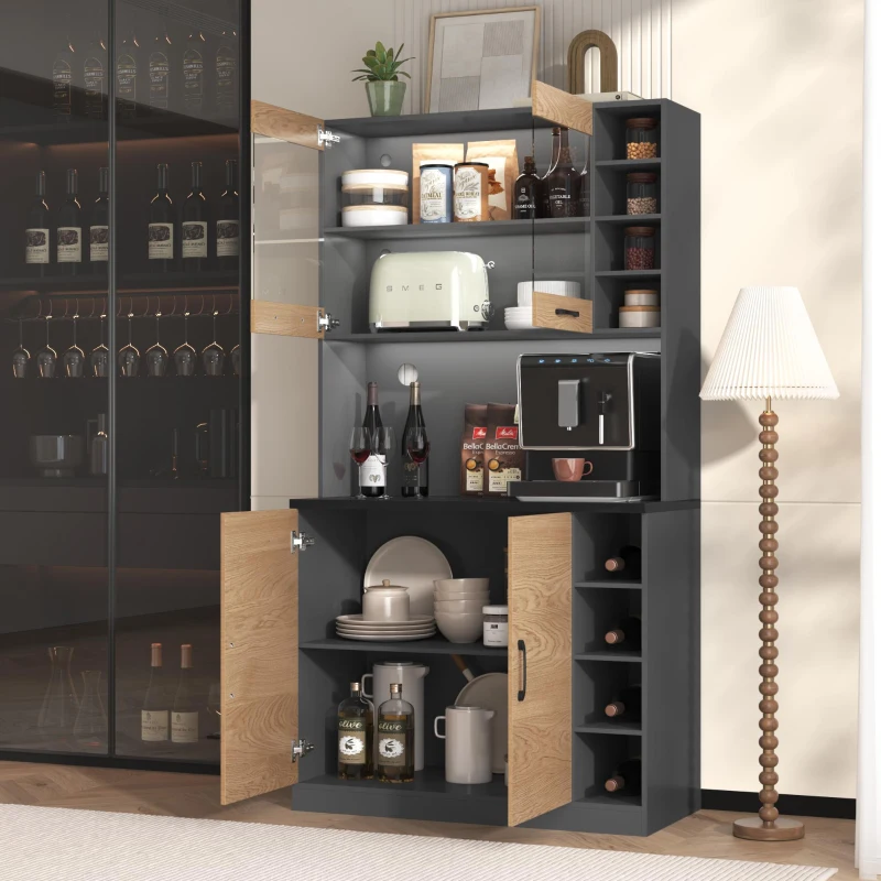Highboard de cozinha, compartimento de vidro reforçado e iluminação ambiente LED, prateleiras laterais reguláveis em altura100x47x187 cm, Cor natural