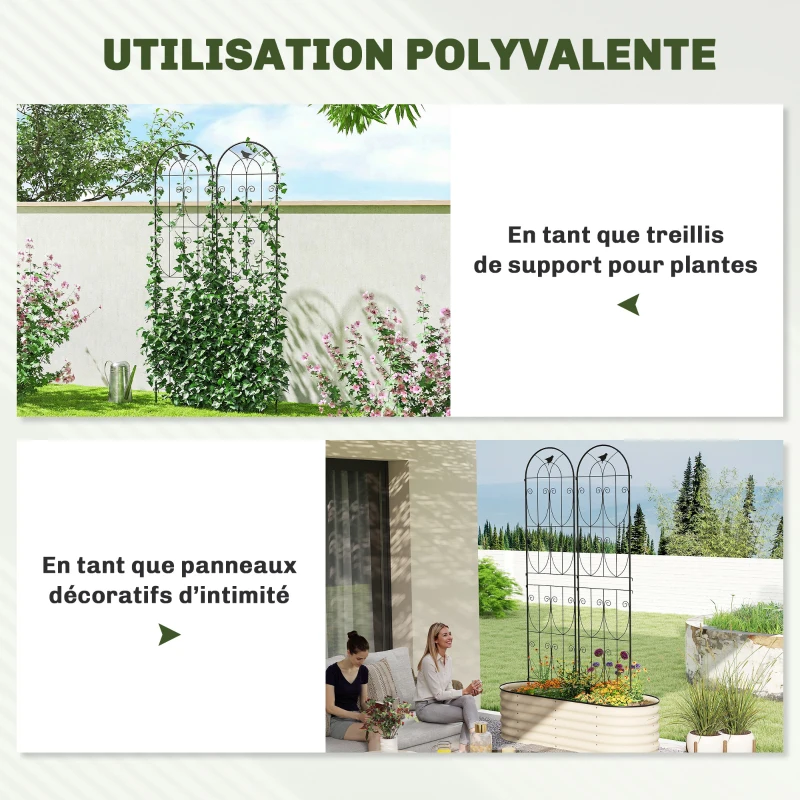 Outsunny Support pour Plantes Grimpantes avec Oiseaux Lot de 2 Treillis de Jardin pour Légume Vigne Fleur Métal 50 x 220 cm Noir