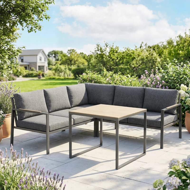 Outsunny Salon de Jardin Extérieur 3 Pièces 5 Personnes, 2 Canapés avec Coussins Épais, 1 Table Basse, 183x183x72cm, Gris Foncé