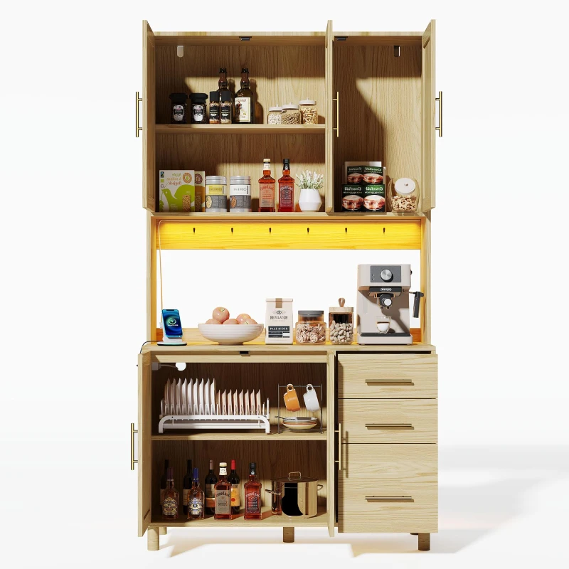 Móvel de cozinha com acabamento em rattan trançado e puxadores metálicos dourados, luzes LED decorativas, 100x40x183 cm, Cor natural