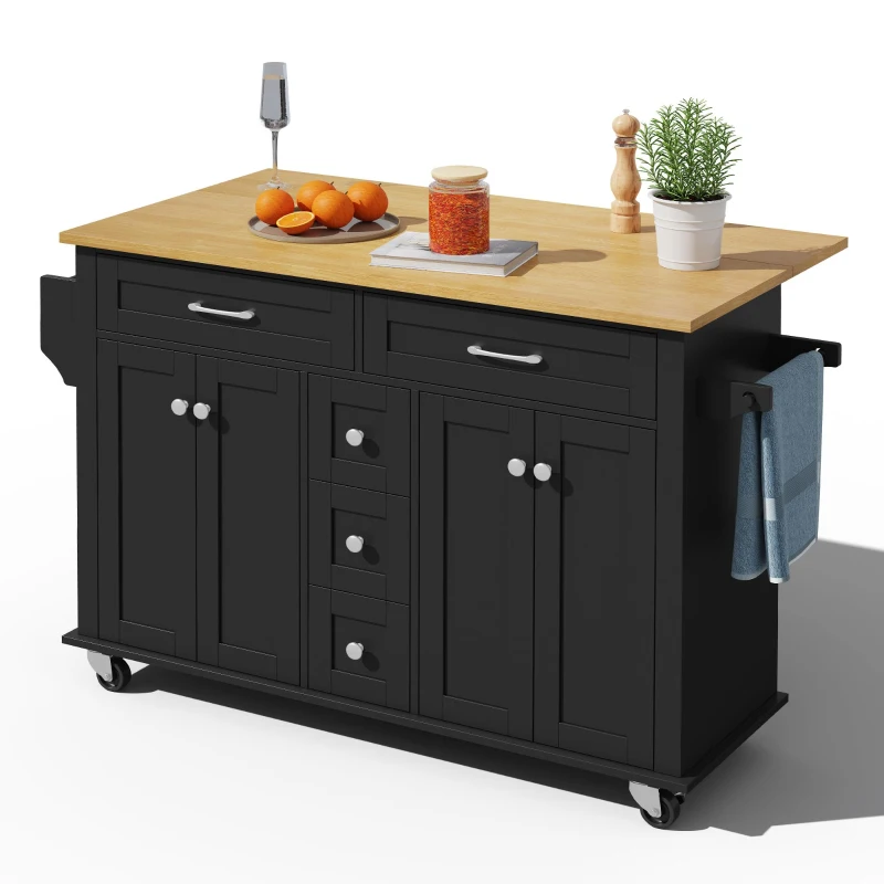 Carrinho de cozinha multifuncional com tampo de trabalho dobrável, 140x40/65x89 cm, Preto+Cor natural