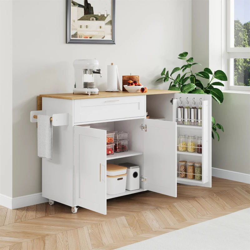 Mesa de cozinha móvel com tampo de trabalho dobrável, gaveta, prateleira para especiarias, suporte para toalhas, 132,5x44/70x90 cm, Branco+Cor natural
