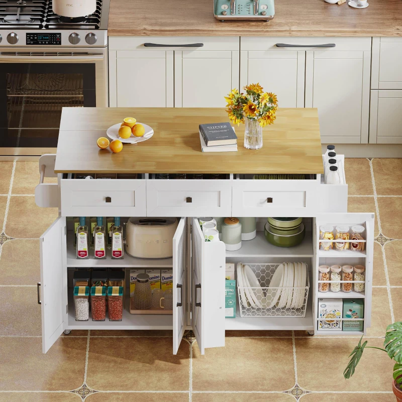 Ilha de cozinha com tampo rebatível, 4 portas, 3 gavetas, suportes duplos para toalhas, design estilo celeiro, 140x43/70x90,5 cm, Branco+Cor natural