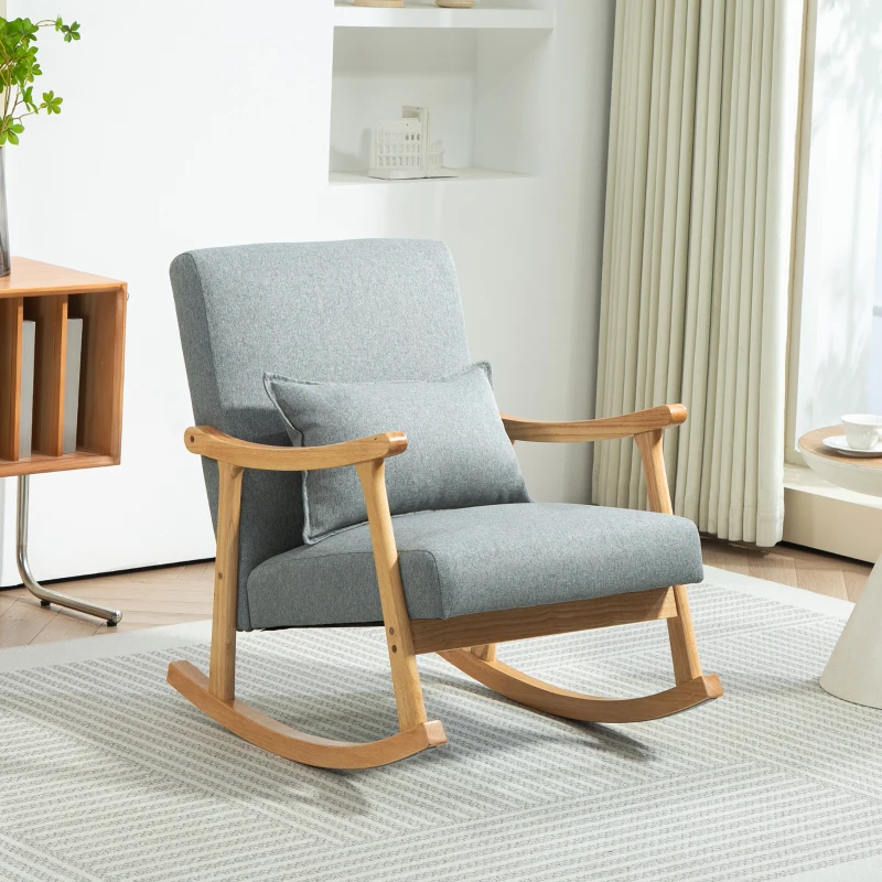 HOMCOM Silla Mecedora con Cojín Lumbar Respaldo Amplio y Base de Madera para Salón o Dormitorio 65x87x84 cm Gris Claro
