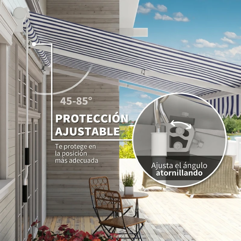 Outsunny Toldo Manual Retráctil 395x245 cm Ángulo Ajustable Brazo Articulado Anti-UV e Impermeable Montaje a Pared Azul y Blanco