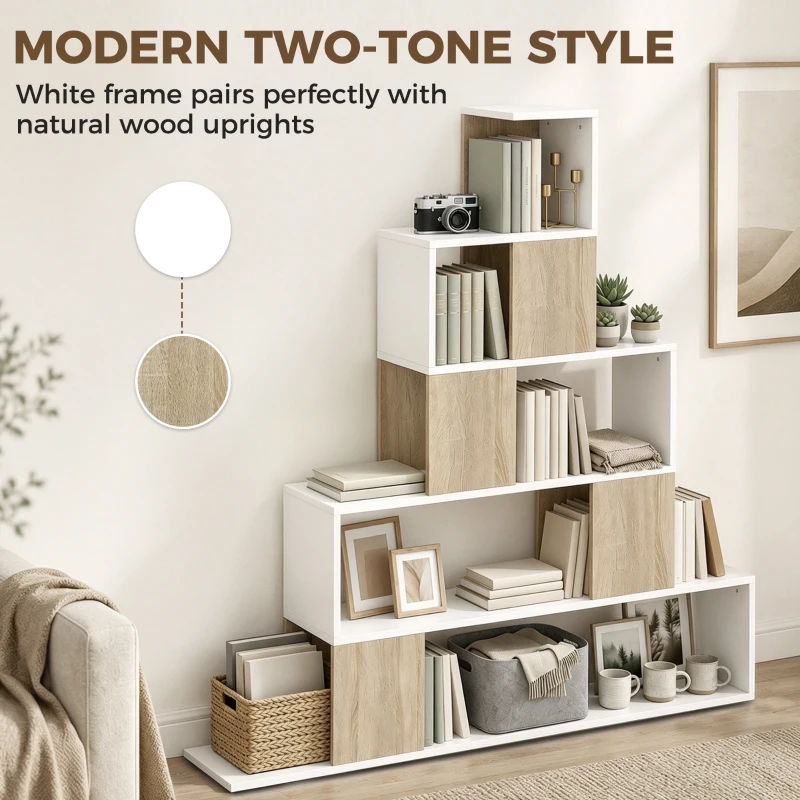 HOMCOM Étagère de rangement, bibliothèque géométrique à 5 niveaux, pour bureau, salon, chambre, blanc et bois naturel
