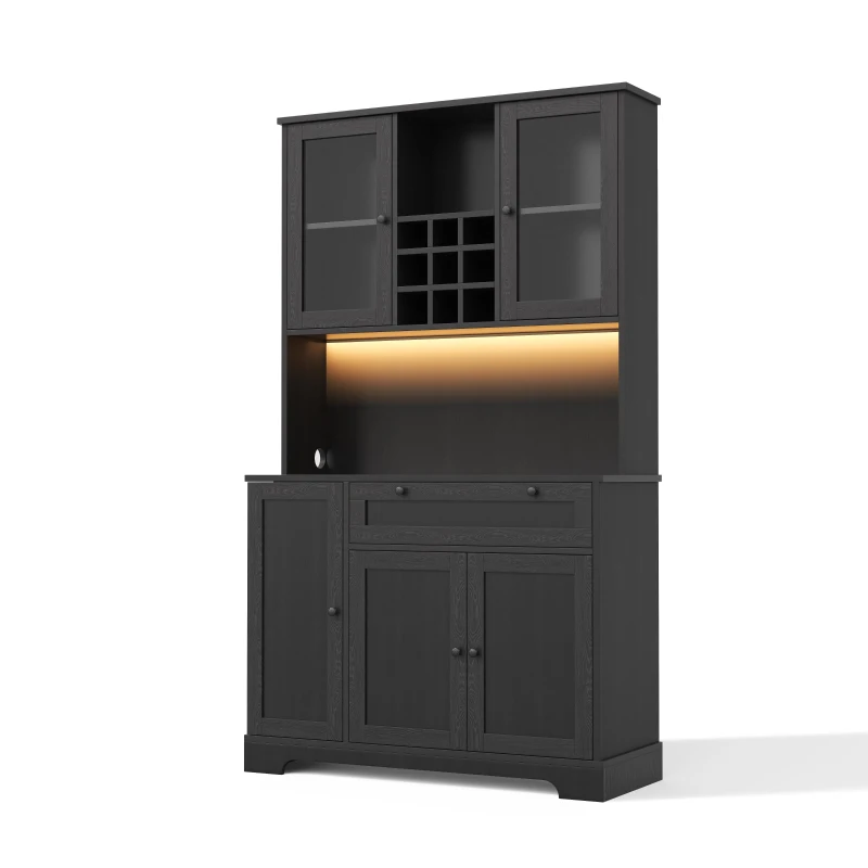 Coluna de cozinha com vitrine, cinco portas, uma gaveta, prateleiras ajustáveis, 105x40x180 cm, Preto