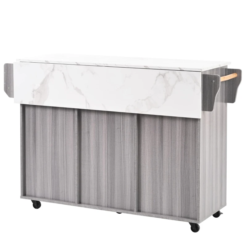 Grande ilha de cozinha com 3 gavetas, portas de arrumação, prateleiras ajustáveis e suporte para toalhas, 139x46/71x91,5 cm, Cinzento