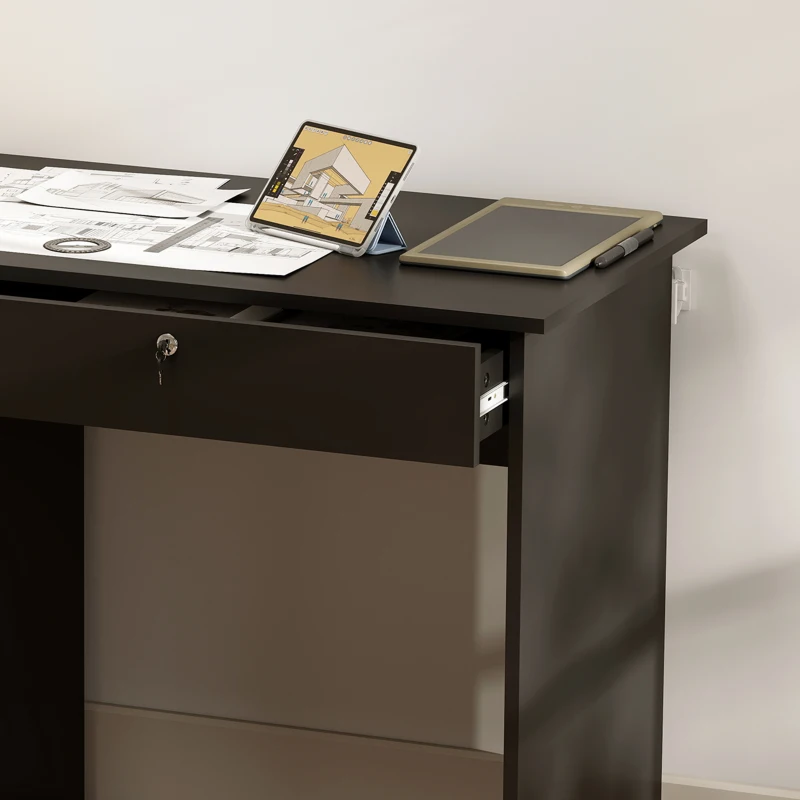 HOMCOM Bureau moderne avec 5 tiroirs, grand plateau, 1 compartiment ouvert, tiroir verrouillable, 110 x 50 x 76cm, noir