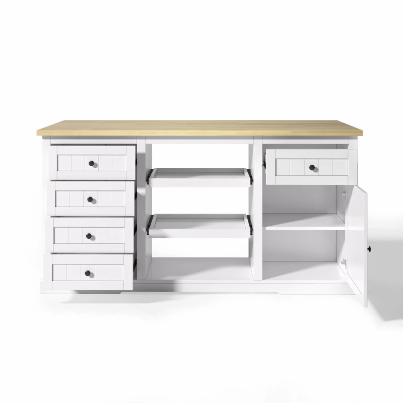 Ilha de cozinha com tampo extensível dobrável, 5 gavetas e 2 prateleiras extraíveis, 150x45/65x75,5 cm, Branco