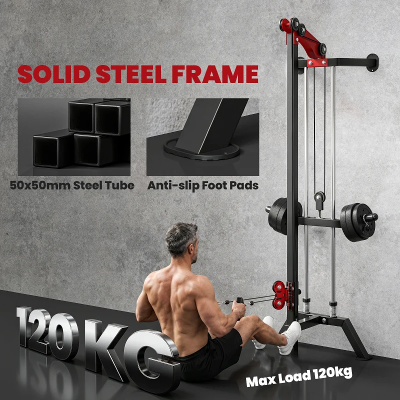 SPORTNOW Station de Musculation à Poulie Machine à Câble LAT Fixation Murale Charge de Poids Personnalisable 85x68x210cm Noir