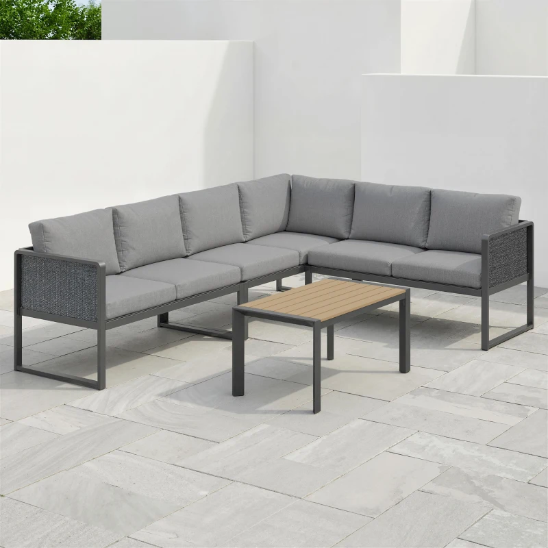 Outsunny Salon de jardin extérieur d'angle modulable 6 personnes, canapés, table basse et coussins, gris foncé