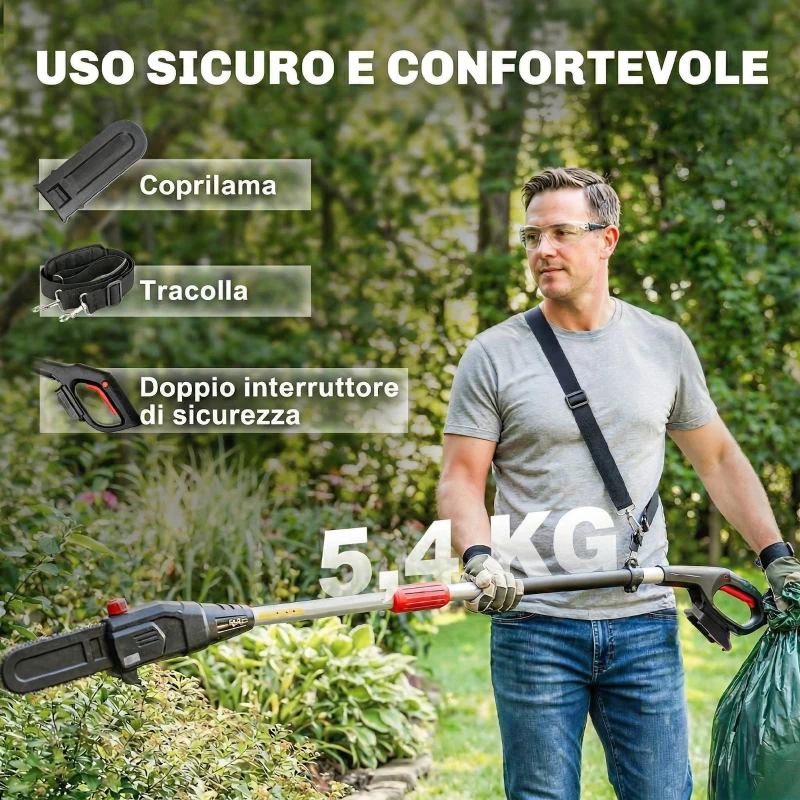 Outsunny Motosega Telescopica a Batteria, 1.94m-2.56m con Lubrificazione Automatica