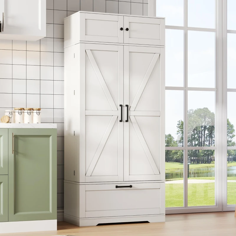 Armário de cozinha independente com suporte para vinhos, prateleiras ajustáveis e portas de abrir, 80x40x180 cm, Branco