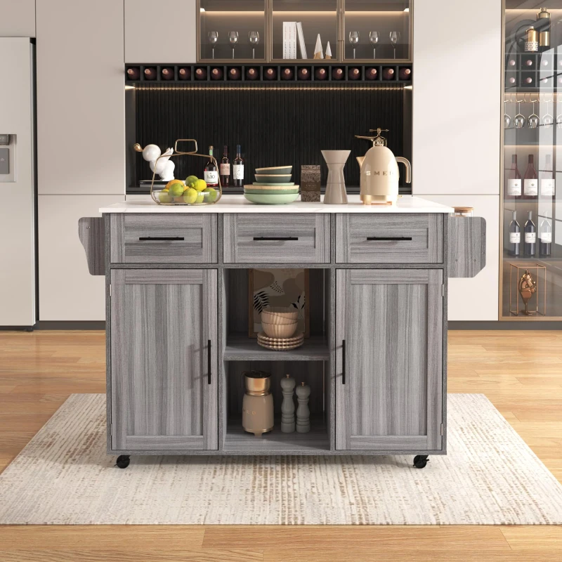 Grande ilha de cozinha com 3 gavetas, portas de arrumação, prateleiras ajustáveis e suporte para toalhas, 139x46/71x91,5 cm, Cinzento