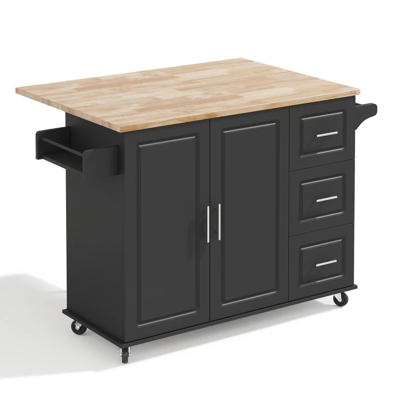 Grande ilha de cozinha móvel,design dobrável, armário multifuncional com 3 gavetas, suporte para toalhas, 137x43/76x92 cm, Preto