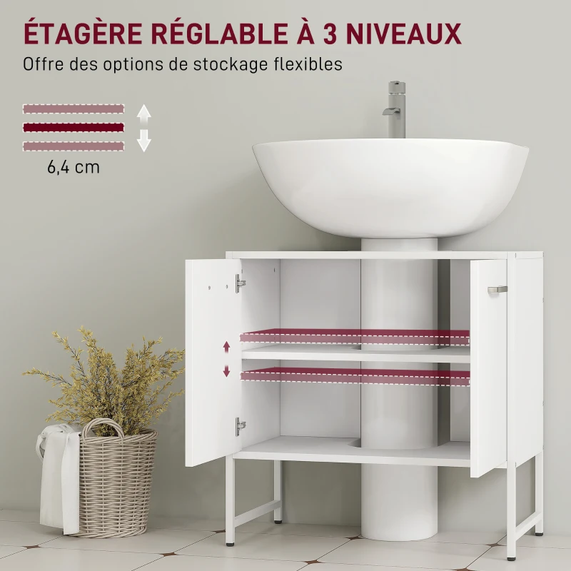 HOMCOM Meuble sous lavabo, meuble de salle de bain avec 2 portes à fermeture douce et étagère réglable, blanc