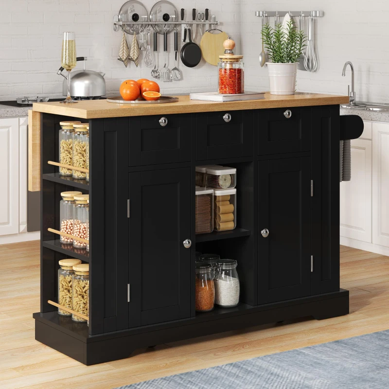 Ilha de cozinha móvel com tampo dobrável, três gavetas e dois compartimentos de armário, 132x40/70x87 cm, Preto