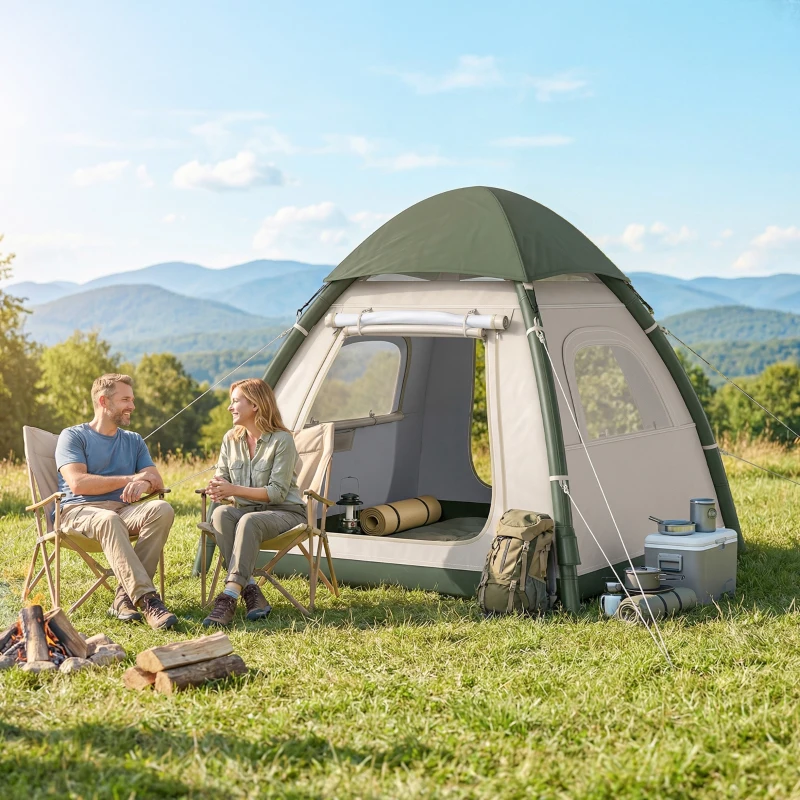 Outsunny Inflatable Camping Tent with Rainfly, 3 Man Air Tent 3000mm Waterproof Blow Up Tents, Beige