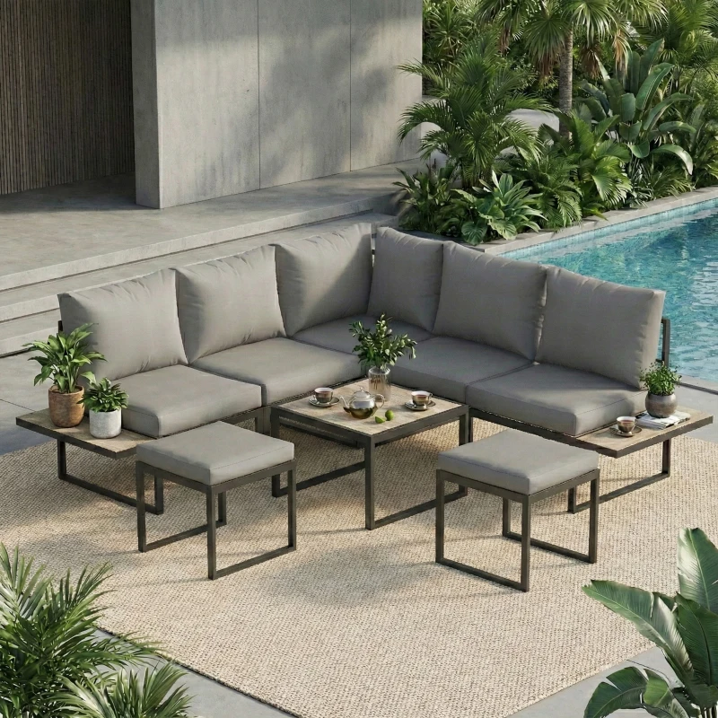 Outsunny Salon de jardin extérieur 6 personnes modulable table basse et plateaux latéraux en bois PSPC coussins épais 10cm gris