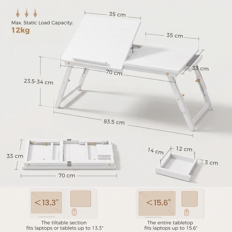 HOMCOM Masă de pat pliabilă și reglabilă, blat pentru laptop din bambus cu înclinare 83,5x33x34cm alb