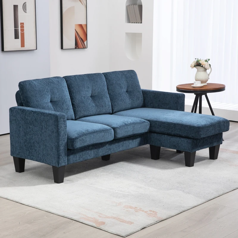 HOMCOM Sofá Esquinero en Forma de L Tapizado Poliéster Sofá Chaise Longue Reversible con 3 Cojines  186x130x84cm Azul