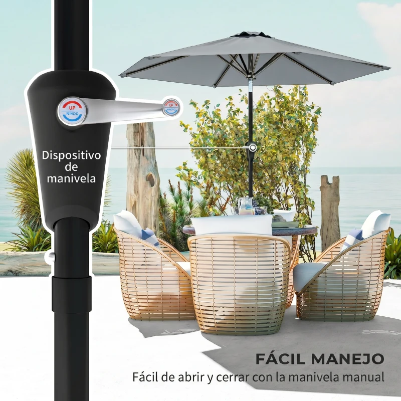Outsunny Sombrilla de Jardín Ø230x216 cm con Apertura Manual Ángulo Ajustable e Impermeable para Terraza Piscina Gris