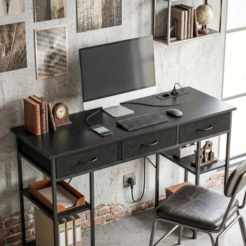 HOMCOM Bureau avec rangement avec prises de courant, 3 tiroirs en tissu et 4 étagères de rangement, 120 x 40 x 76 cm, noir
