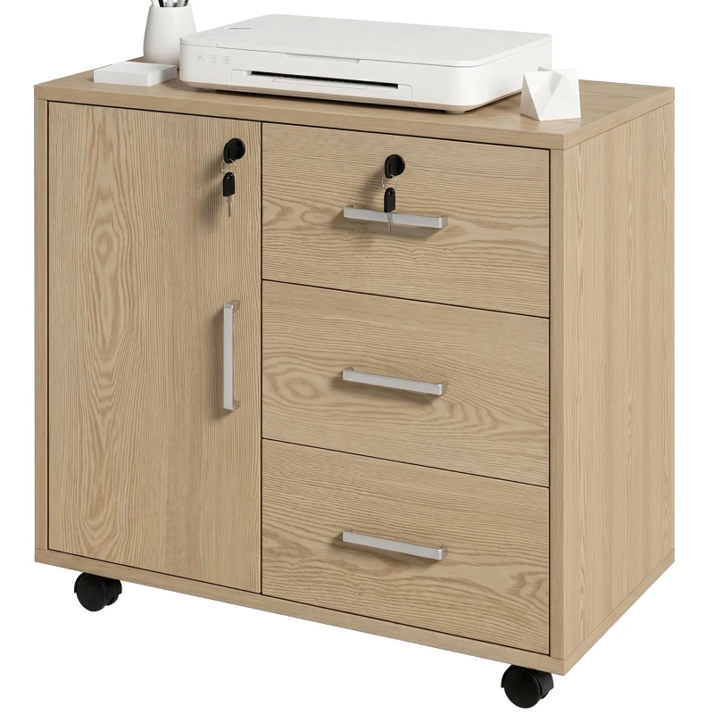 HOMCOM Rollcontainer Büro Aufbewahrungsmöbel abschließbar mit 3 Schubladen und verstellbarem Einlegeboden, Rollen, 40 x 60 x 56 cm, hellbraun