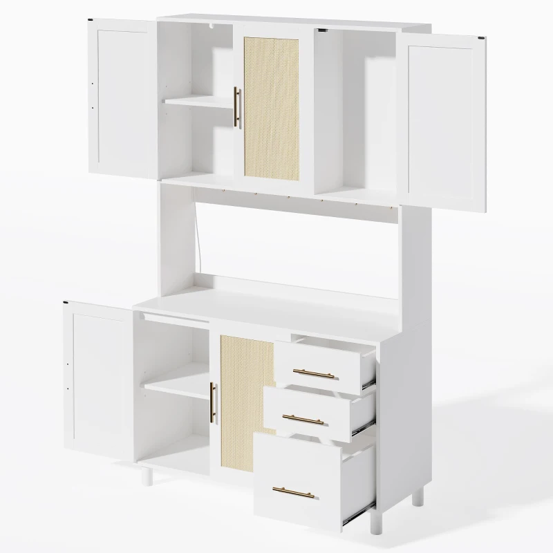 Móvel de cozinha com acabamento em rattan trançado e puxadores metálicos dourados, luzes LED decorativas, 100x40x183 cm, Branco