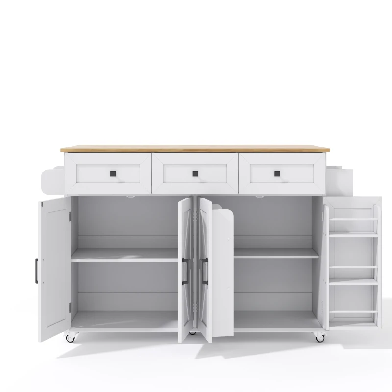 Ilha de cozinha com tampo rebatível, 4 portas, 3 gavetas, suportes duplos para toalhas, design estilo celeiro, 140x43/70x90,5 cm, Branco+Cor natural