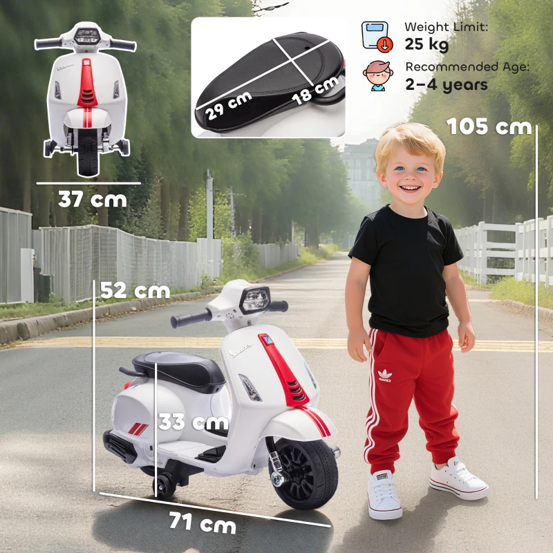AIYAPLAY Motocicletă Electrică pentru Copii cu Licență Vespa, Baterie Reîncărcabilă 6V, Roți Ajutătoare și Lumini, 2-4 Ani, Albă