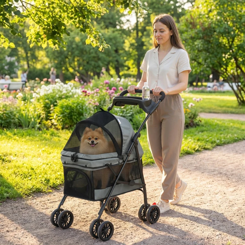 PawHut Hundewagen Faltbar Hundebuggy mit Kissen Netzfenstern Getränkehalter 360° drehbare Räder für kleine Hunde bis 10kg Grau