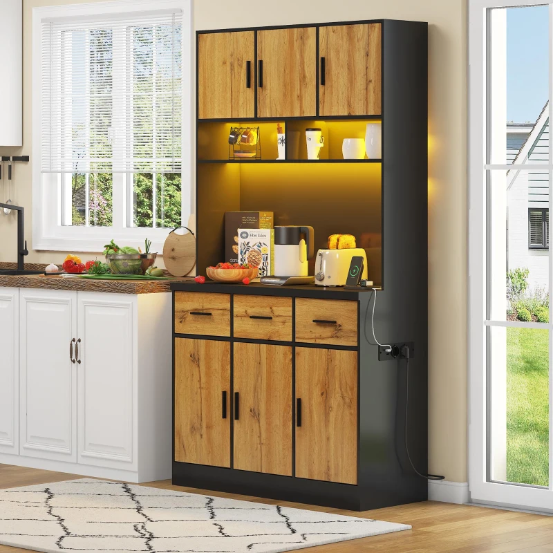 Buffet de cozinha multifuncional, 3 gavetas silenciosas e 6 portas de armário, 100x40x180 cm, Cor natural