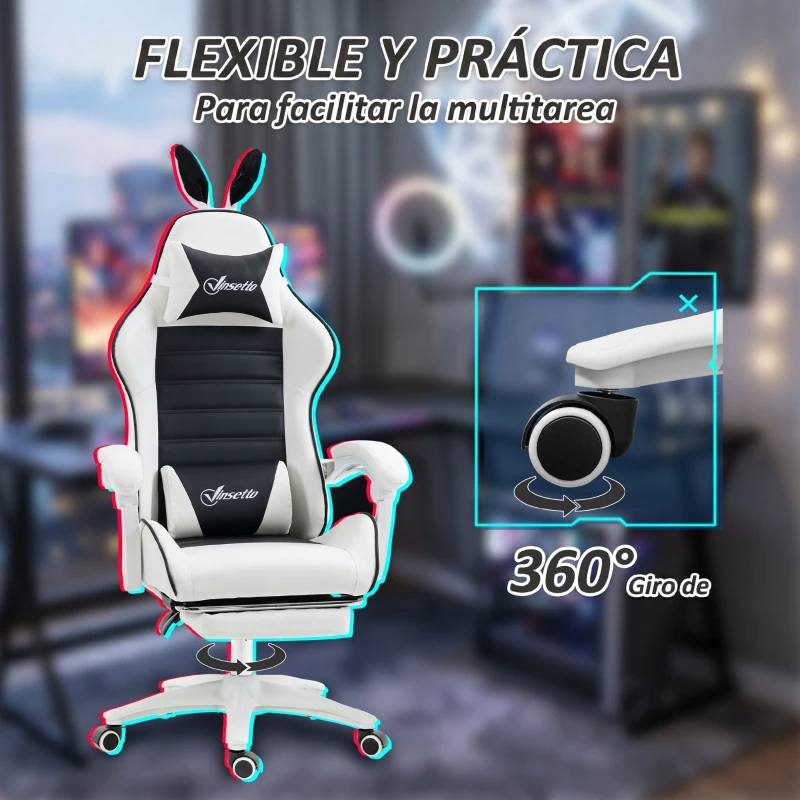 Vinsetto Silla Gaming Profesional de Cuero PU con Altura Ajustable Inclinable 135° Reposacabezas 65x63x136-142 cm Negro y Blanco