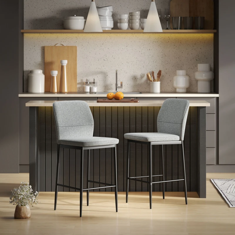 HOMCOM Conjunto de 2 Bancos de Bar Bancos Altos de Cozinha com Encosto e Apoio para os Pés Estofados em Veludo 41x52x97 cm Cinza