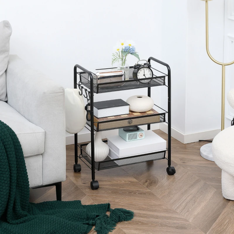 HOMCOM Carrito de Cocina de Acero con 3 Cestas Carga 9 kg para Comedor Sala de Estar Baño 45x26,5x63 cm Negro