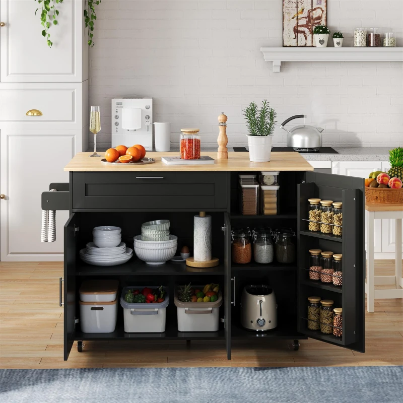 Mesa de cozinha móvel com tampo de trabalho dobrável, gaveta, prateleira para especiarias, suporte para toalhas, 132,5x44/70x90 cm, Preto+Cor natural