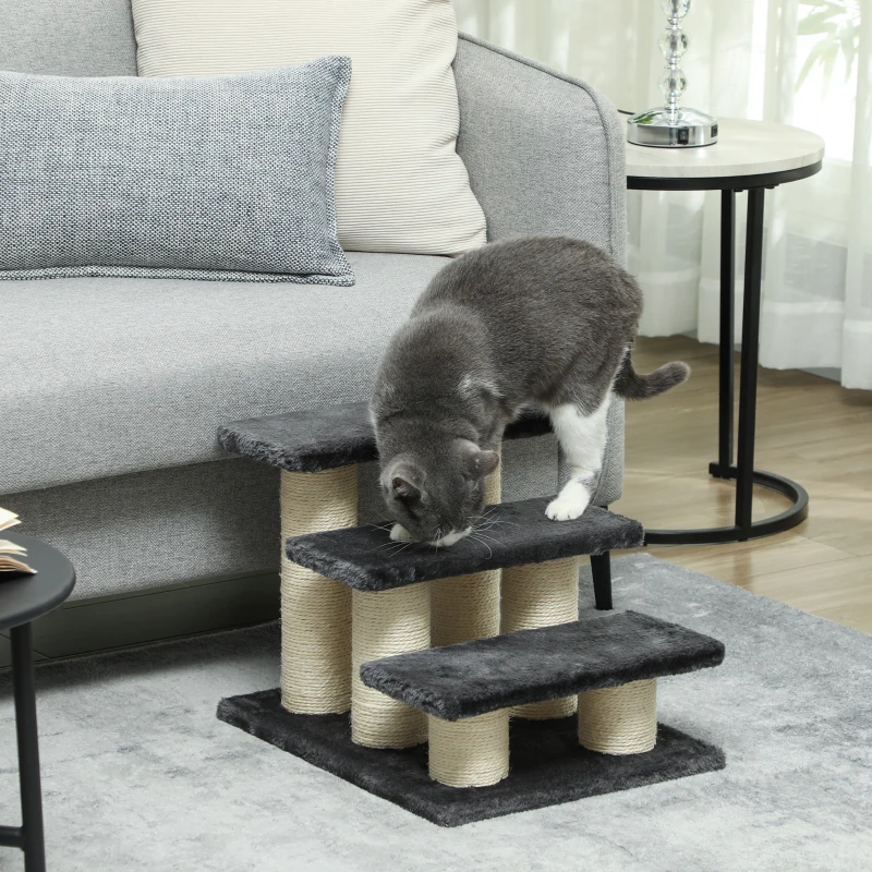 PawHut Hundetreppe 3 Stufen 34 cm Hoch Haustiertreppe für Hunde Katze Katzentreppe mit Kratzstamm Hunderampe Einstiegshilfe für Bett, Sofa, Couch Dunkelgrau