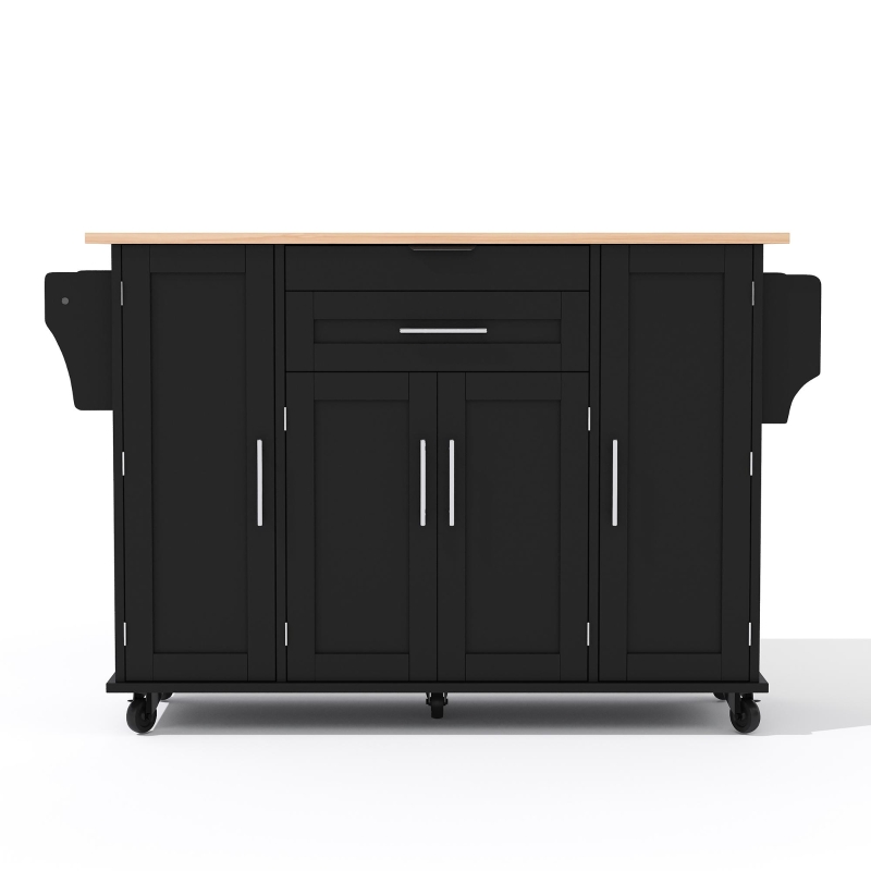 Ilha de cozinha móvel com gaveta oculta para talheres, prateleiras reguláveis, prateleira para especiarias e suporte para toalhas, 136x45/70x92 cm, Preto+Cor natural